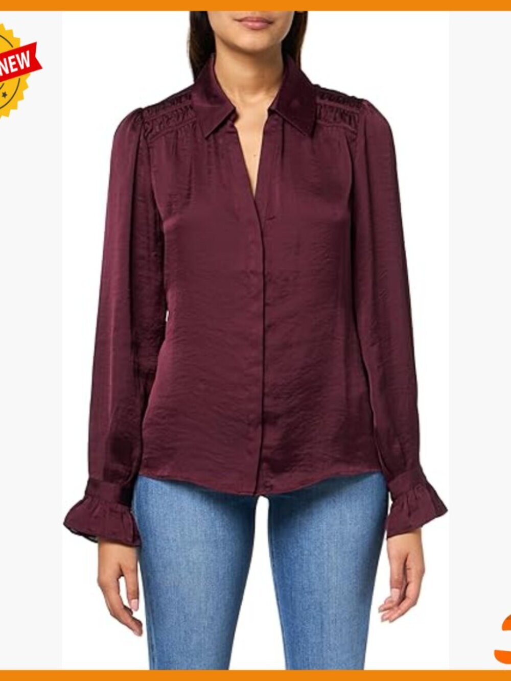 Long Sleeve Satin Blouse with Ruffle Cuffs and V-Neck